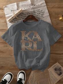 Camiseta vintage con estampado de leopardo y letras, de manga corta y cuello redondo, estilo casual, adecuada para primavera y verano, moda femenina. - Albaricoque - Ver 10