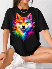Camiseta Shiba Inu con acuarela vibrante, camiseta para amantes de los perros, camiseta para perros rescatados, camiseta para amantes de los Shiba Inu, camiseta para mamás perrunas, regalo para mamás perrunas, camiseta para perros. Camiseta unisex de algodón puro de 220 g, peso ideal para todas las estaciones, adecuada tanto para hombres como para mujeres. Tejido duradero de alta calidad, suave al tacto y de larga duración. Top transpirable. Adecuado para la primavera y el verano de las mujeres, vacaciones, Día de la Madre, Día de la Independencia. - Negro - Ver 1