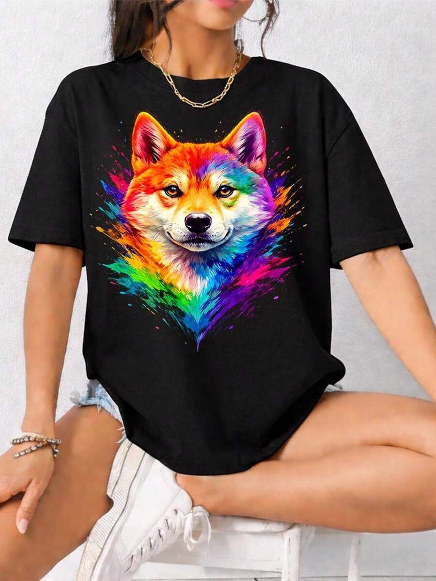 Camiseta Shiba Inu con acuarela vibrante, camiseta para amantes de los perros, camiseta para perros rescatados, camiseta para amantes de los Shiba Inu, camiseta para mamás perrunas, regalo para mamás perrunas, camiseta para perros. Camiseta unisex de algodón puro de 220 g, peso ideal para todas las estaciones, adecuada tanto para hombres como para mujeres. Tejido duradero de alta calidad, suave al tacto y de larga duración. Top transpirable. Adecuado para la primavera y el verano de las mujeres, vacaciones, Día de la Madre, Día de la Independencia. - Negro - Ver 1