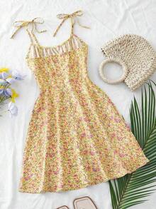Vestido mini con tirantes de espagueti y estampado floral ditsy con lazo - Multicolor 2 - Ver 2