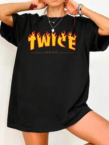 Twic.E Flame Unisex T-Shirt, Breathable, Versatile, Streetwear, Light Graphic, Designer Clothing, Casual, Stylish, Fashionable, Soft, Stretchy Top For Leisure Wear, Comfortable. Vintage Graphic Print, Casual Black Cotton Short-Sleeved T-Shirt. - Black - View 1