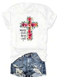 Camiseta de Cuello Redondo con Estampado Gráfico de Cruz Floral, Camiseta Casual de Manga Corta para Primavera y Verano, Ropa de Tallas Grandes para Mujer - Blanco - Ver 1