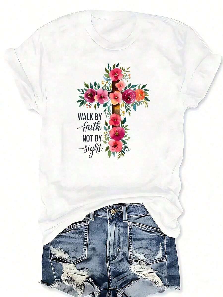 Camiseta de Cuello Redondo con Estampado Gráfico de Cruz Floral, Camiseta Casual de Manga Corta para Primavera y Verano, Ropa de Tallas Grandes para Mujer - Blanco - Ver 1