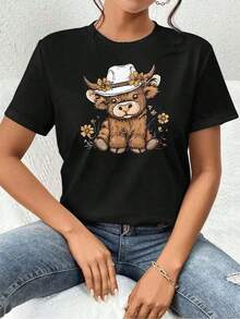 Women's T-Shirts Highland Cow Denim Shirt For Women, Cute Premium Cotton Western Boho Style Blouse, Loose Fit, Comfortable, Casual, Artistic Print. - 黑色 - 查看 6