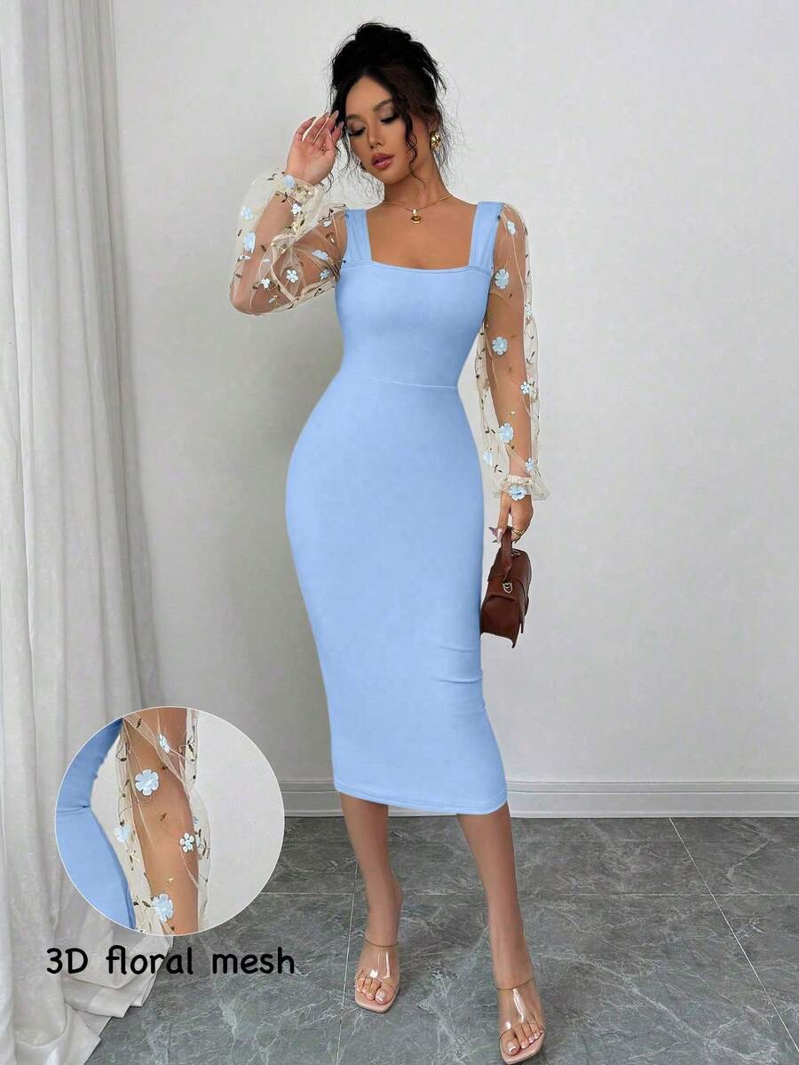 Vestido midi liso para mujer, con paneles de malla, mangas largas y detalles florales: elegante y con estilo, perfecto para el día a día, reuniones de negocios u ocasiones informales. - Azul - Ver 1