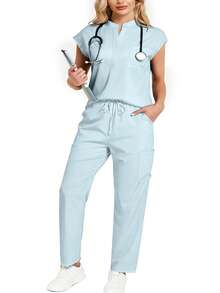 cimmuovere Conjunto de uniforme médico de talla grande con top holgado sin mangas de cuello alto y pantalones con múltiples bolsillos, para primavera - Celeste - Ver 4