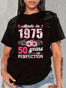 Camiseta de manga corta para mujer | Enviado desde México | Tela transpirable de alta calidad | Camiseta casual deportiva de manga corta holgada para mujer, en blanco y negro, con estampado "Made In 1975 50 Years" y cuello redondo. - Negro - Ver 1