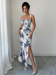 Nuevo vestido de mujer con tirantes de espagueti, lazo en la cintura, diseño de dobladillo fruncido y abertura, versátil para citas, fiestas y uso diario, favorecedora y elegante - azul real - Ver 6
