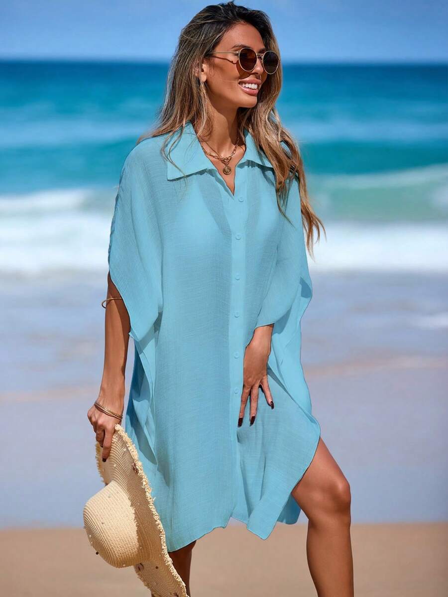 Vestido Camisero Transparente de Playa para Mujer, Blanco, Holgado, Manga Corta, Verano Casual - 7012-Azul hielo - Ver 1