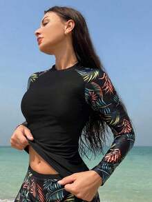 Swim SPRTY Top de tankini con mangas raglán, bloque de color e impresión tropical de playa de verano (1 pieza de top solamente) - Multicolor - Ver 3