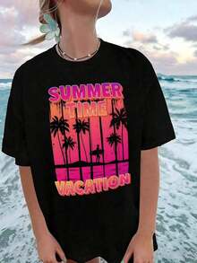 Women's Oversized T-Shirt With Retro Graphic Print Of Sunset Palm Tree And Surfer, Vintage Summer Style With Beach Vibe, Loose Fit, Short Sleeve, Round Neck, Casual Cotton T-Shirt With 90s Aesthetic, Plus Sizes For Everyday Wear, Mexican Fashion Clothing For Women, Cool Summer Clothes - 黑色 - 查看 1