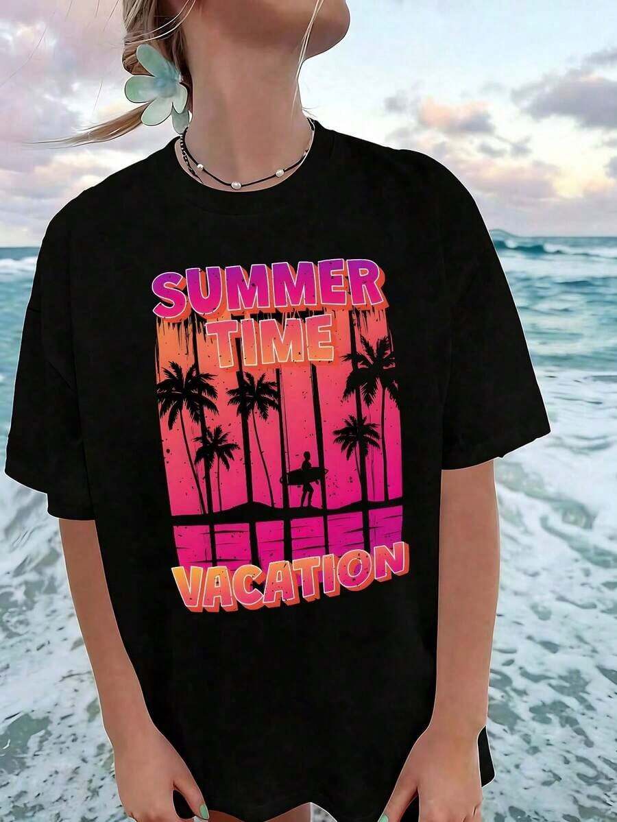 Women's Oversized T-Shirt With Retro Graphic Print Of Sunset Palm Tree And Surfer, Vintage Summer Style With Beach Vibe, Loose Fit, Short Sleeve, Round Neck, Casual Cotton T-Shirt With 90s Aesthetic, Plus Sizes For Everyday Wear, Mexican Fashion Clothing For Women, Cool Summer Clothes - 黑色 - 查看 1