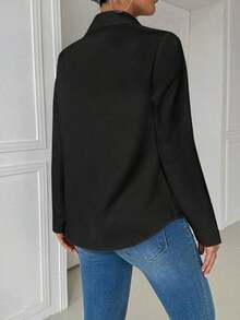 Blusa blanca casual con cuello y bolsillo, de manga larga ajustada para mujeres - Blanco y Negro - Ver 3