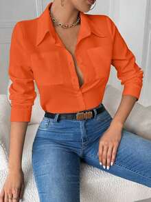 Blusa blanca casual con cuello y bolsillo, de manga larga ajustada para mujeres - Naranja - Ver 3
