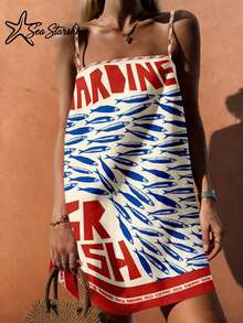 Vestido de mujer con estampado de estrella de mar brillante, estilo bohemio, para vacaciones de primavera/verano en la playa. Vestido de línea A con tirantes finos, estampado de letras y sardinas tropicales - Multicolor - Ver 3