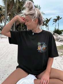 GiftCamiseta de manga corta con estampado de piña y coco estilo ALOHA BEACHES, diseño de doble cara, estilo casual de verano para mujer - Camiseta unisex de algodón holgada de manga corta y cuello redondo, estilo vintage urbano.Soft - Negro - Ver 3