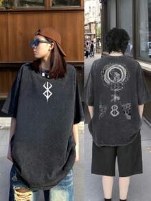 Camiseta Uni Vintage Lavada Extragrande Negra de Manga Corta con Gráfico para Hombre y Mujer, Runa con Símbolo de Dragón, Camiseta de Algodón del Anime , Ropa Urbana Hip Hop, Camiseta Lavada de Guts, Camiseta de Verano para Hombre, Casual, Holgada, de Manga Corta-Vintage Street Style Unisex Loose Cotton Short Sleeve Crew Neck T-Shirt - Negro - Ver 4
