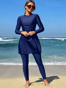 Swim  Set de 2 piezas de burkini para mujer, top tipo camiseta de unicolor con cordón y pantalones, ropa de baño árabe para playa de verano - Azul marino - Ver 5