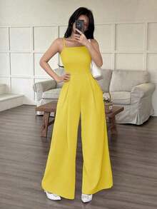 Mono informal de pierna ancha plisado de unicolor para mujer - Amarillo - Ver 3
