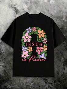 Camiseta de Algodón para Mujer con Estampado Floral y Diseño de Letras Inspiradoras, Manga Corta Casual, Suave y Transpirable para un Estilo Diario de Verano - Negro - Ver 3