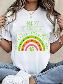 Camiseta Casual para Mujer Blanca con Estampado de Trébol Arcoíris para Celebrar el Día de San Patricio - Blanco - Ver 1