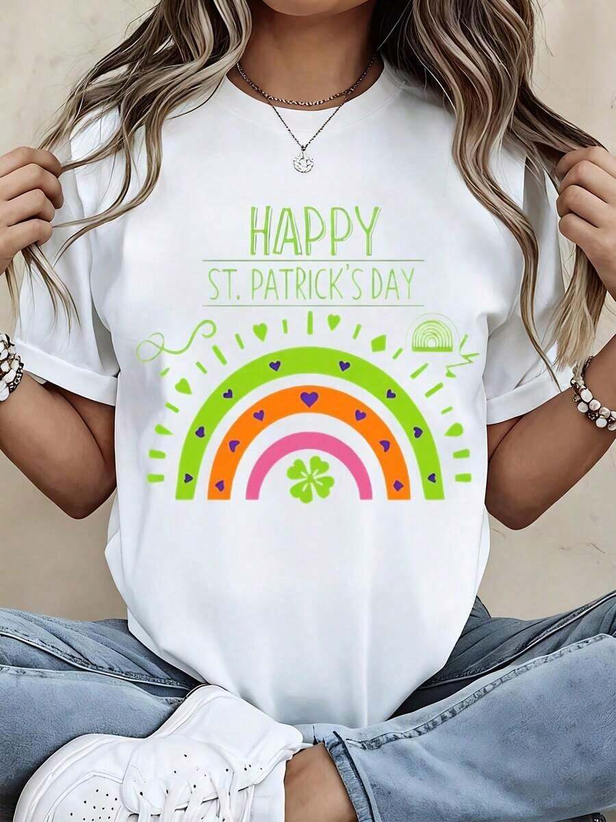 Camiseta Casual para Mujer Blanca con Estampado de Trébol Arcoíris para Celebrar el Día de San Patricio - Blanco - Ver 1