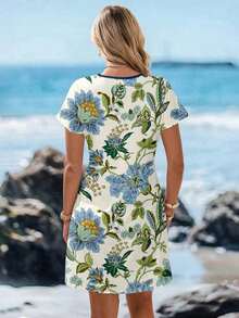 Vestido corto minimalista casual con cuello en V, adecuado para primavera y verano, ropa de verano para mujer, a rayas de colores, ropa de resort para mujer - Multicolor - Ver 2