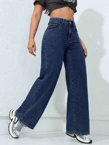 Jeans rectos de mujer de unicolor con cinturón, versátiles para el verano - Azul lavado medio - Ver 6