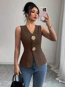 Blusa exterior con cuello en V ajustada con decoración de botones dorados con rosas - Marrón - Ver 6