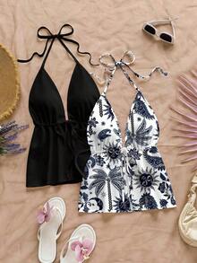2 piezas Conjunto de top sin espalda con cuello halter y estampado floral de contraste de color, adecuado para verano, salidas, fiestas, bodas, cumpleaños, elegante - Multicolor 10 - Ver 6