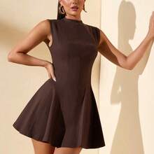 1pc Women's Solid Brown Sleeveless Simple Elegant Flare Dress, Princess Style Round Neck Casual Slip Dress, Suitable For Office, Business, Commuting, Autumn/Winter,Country - Burdeos - Ver 7