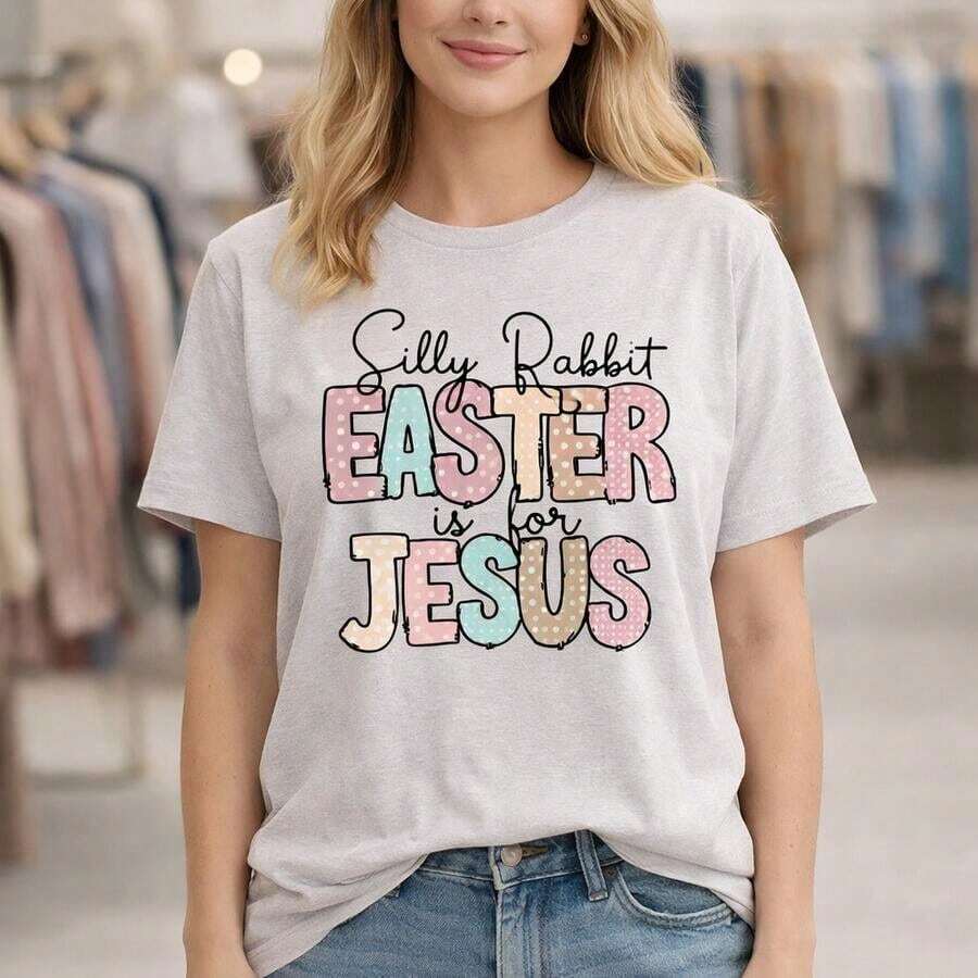 Women's Plus Size Easter Graphic Print Cotton T-Shirt With "Silly Rabbit Easter Is For Jesus" Print, Loose Fit, Short Sleeve, Sizes M-5XL, Casual T-Shirt For Holidays And Christian Occasions, Soft And Comfortable Cotton Fabric, Outfit For Easter Sunday At Church. - 淺灰色 - 查看 1