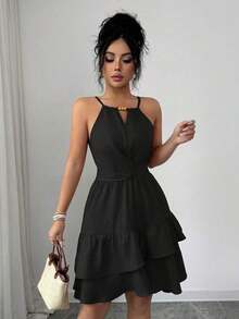 Vestido mini ajustado y acampanado sin mangas, elegante, de color caqui, con lazo de cuentas para mujer, para primavera/verano - Negro - Ver 6