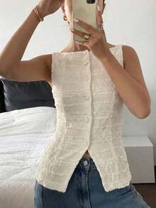 Camisa ajustada sin mangas de mujer con estampado de lunares - Albaricoque - Ver 5