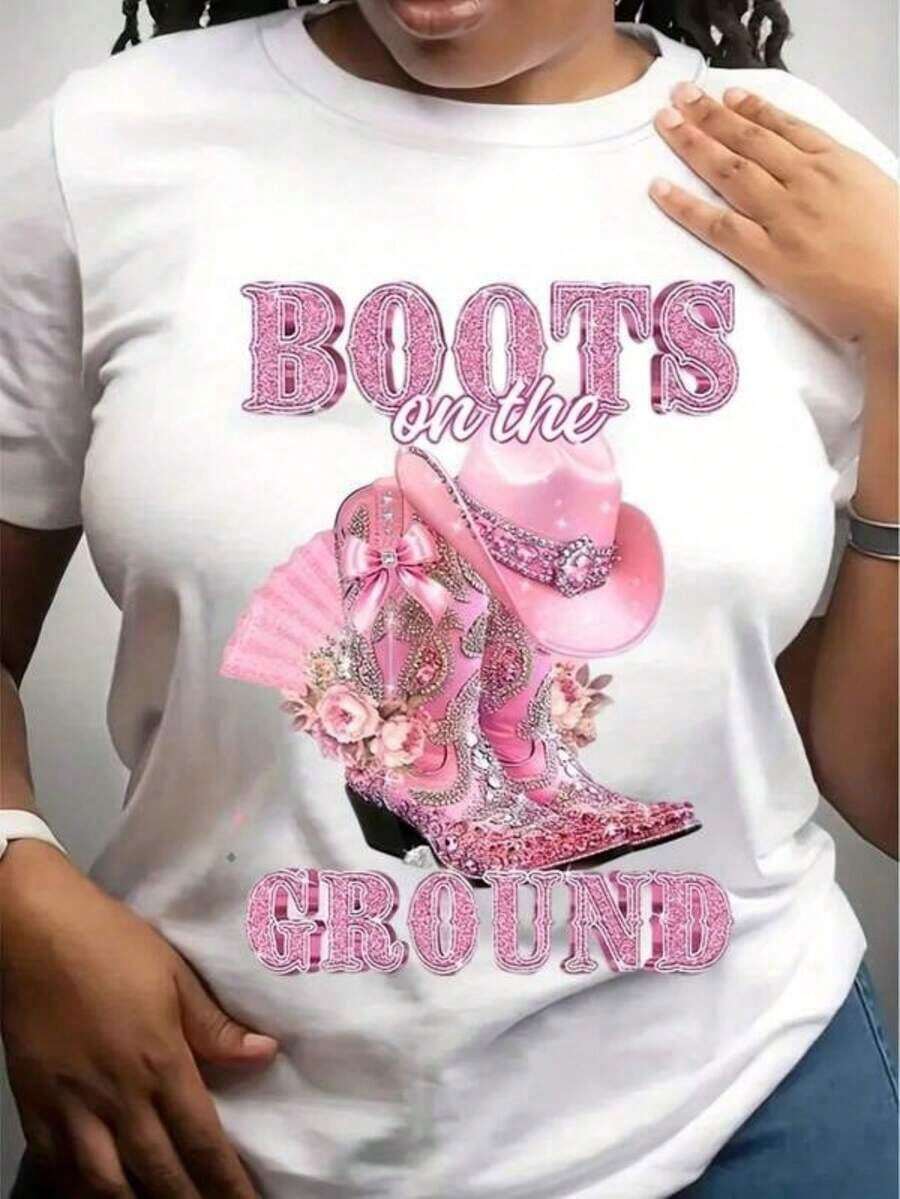 ropa de mujer Camiseta de manga corta casual con estampado floral de sombrero de vaquera rosa para mujer, diseño de botas en el suelo, ideal para ropa de calle, atuendos diarios y eventos casuales con temática del oeste. camisas de mujer