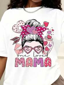 Camia de talla grande para mujer con un encantador diseño de "Mama" con gafas de corazón, lazo y motivos de amor, perfecta para el Día de la Madre o para uso diario.Estilo de cuello redondo, cómoda y versátil, lavable a máquina, adecuada para todas las estaciones.Transpirable y cómoda. - Blanco - Ver 2
