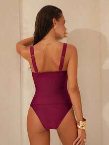 Swim Chiccia Conjunto de tankini de unicolor metálico elegante con tirantes ajustables y Bottom de cintura alta, set de 2 piezas - Burdeos - Ver 2