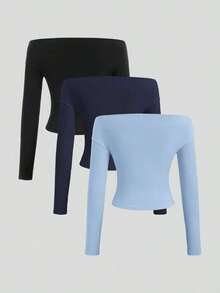 Conjunto de 3 piezas para mujer: Blusa de manga larga hombros descubiertos, blusas cortas entalladas, cómodas y amigables con la piel, versátil y estilizador - Multicolor 18 - Ver 2