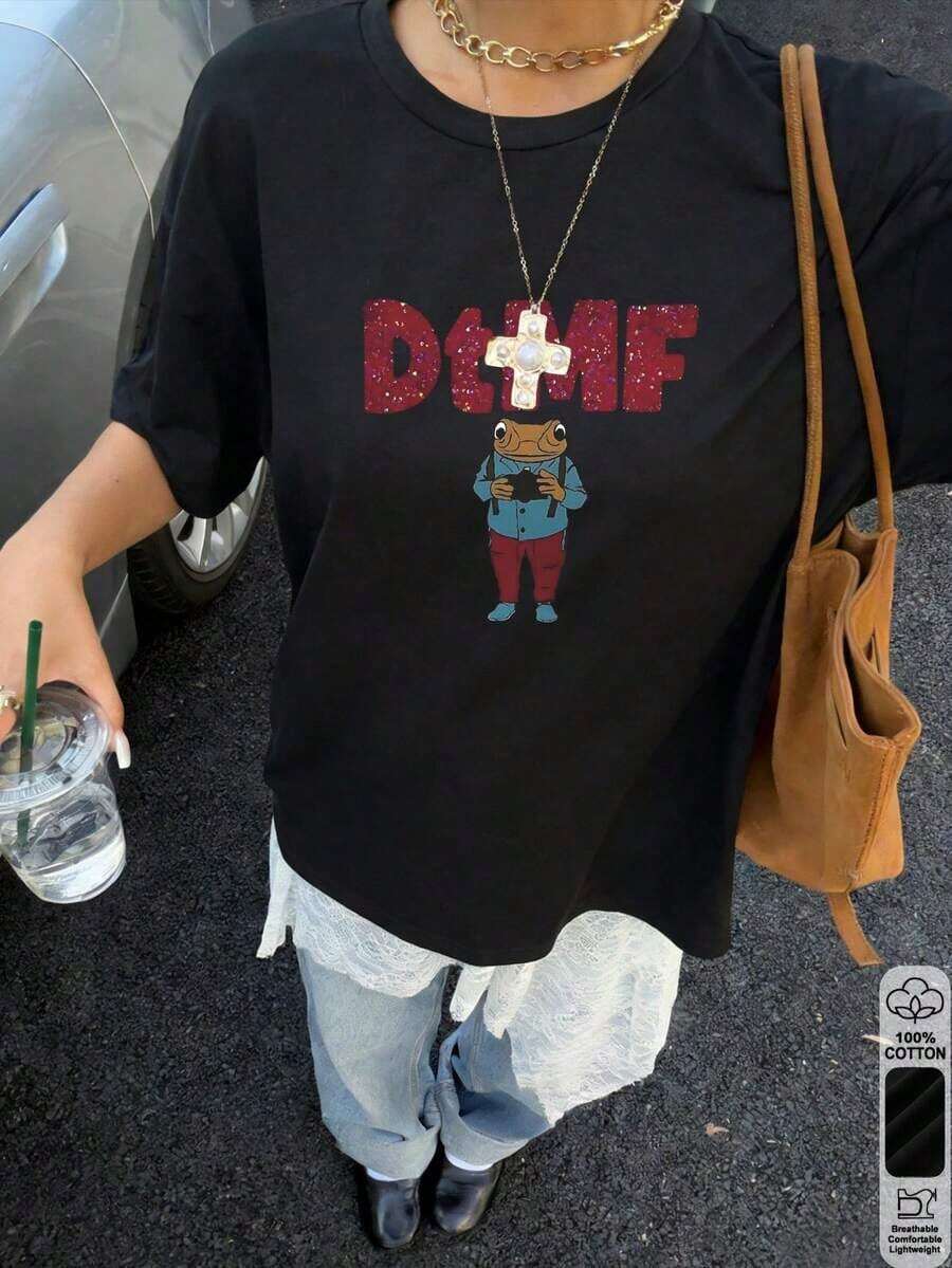 Camiseta para Mujer con Estampado Retro, Cuello Redondo, Manga Corta, Diseño Oversized, Ideal para Streetwear - Blanco - Ver 1