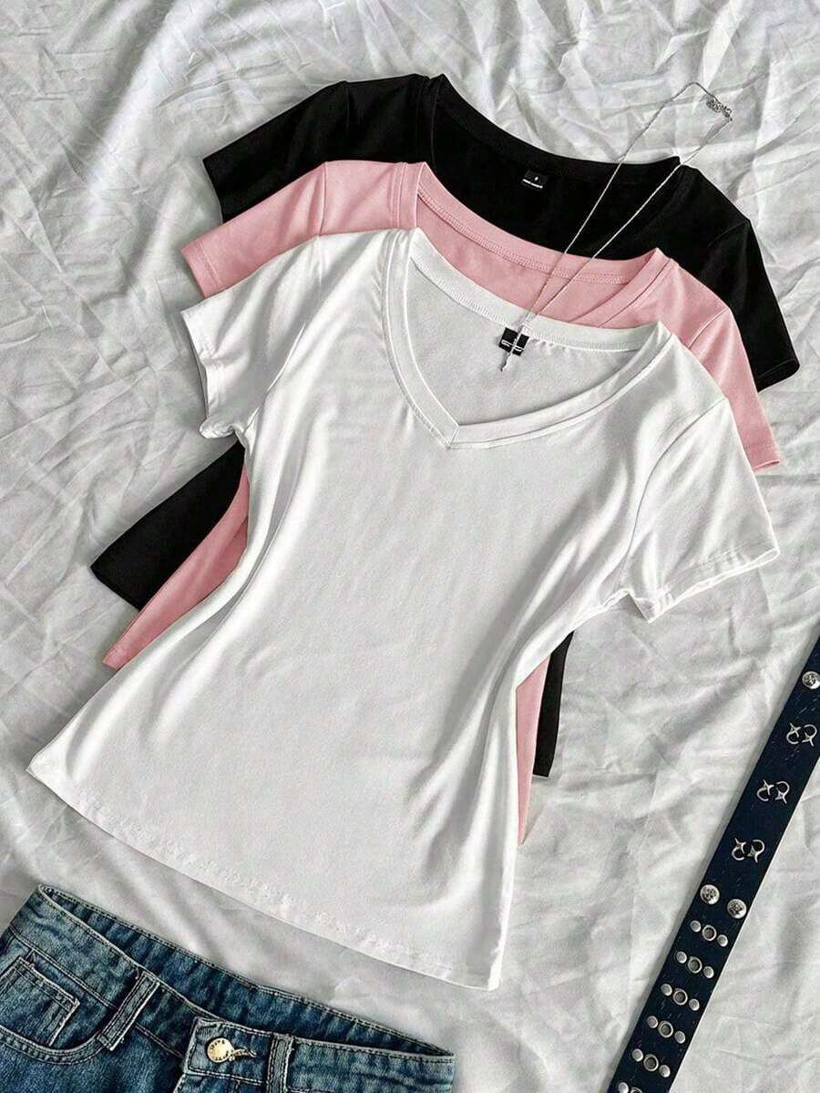 3 piezas Camisetas ajustadas de cuello en V de verano para mujer, camisetas básicas de manga corta de ajuste ceñido de unicolor con estampado de anime de la subcultura punk - Multicolor - Ver 1