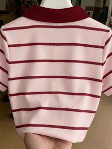 Camiseta casual versátil de mujer con cuello polo a rayas y manga corta - Multicolor 8 - Ver 2