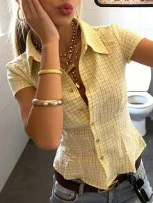 Camisa ajustada de mujer con cuello polo y manga corta - Amarillo - Ver 4