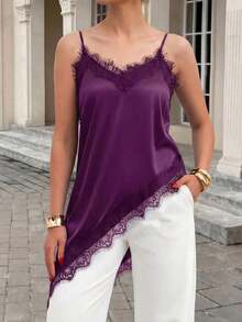 Top de tirantes finos de satén con elástico y encaje, diseño de bajo asimétrico, casual, elegante y apropiado para la oficina en verano - Morado - Ver 3