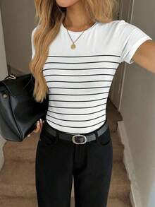 Camiseta de manga corta de cuello redondo ajustada con rayas blancas y negras, adecuada para primavera/verano - Multicolor 8 - Ver 5