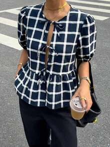 Camisa de mujer de cuello redondo de manga corta, camisa con estampado de cebra con lazo y manga abullonada, blusa de verano de cuello en V con volantes y manga abullonada de corte regular y ajuste casual para uso diario, blusa casual de estampado de animal de manga corta para primavera/verano - Azul marino - Ver 7