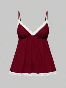 Conjunto de pijama casual de camiseta de tirantes acanalada y shorts con encaje - Burdeos - Ver 7