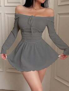 Vestido casual de punto acanalado con hombros descubiertos para mujer, atuendo acogedor, otoño e invierno - Gris - Ver 4