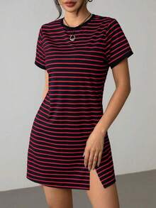 Vestido camiseta con bloqueo de color y estampado de rayas - Multicolor - Ver 5