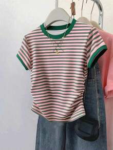 Camiseta gráfica de verano para mujer, estampado de rayas multicolor, verde, rosa, cintura ajustada, adecuada para citas, vuelta al colegio, Día del Maestro - Gris - Ver 5