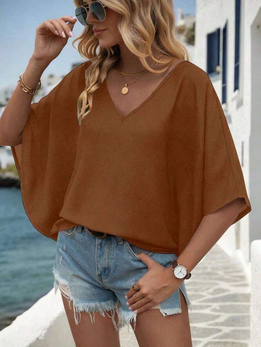 Camisa de manga de murciélago de unicolor casual, verano - Café integral - Ver 1